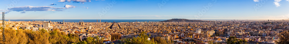 Fototapeta premium Panorama view of Barcelona from Park Guell in sunny day in winter. High resolution image. Spain