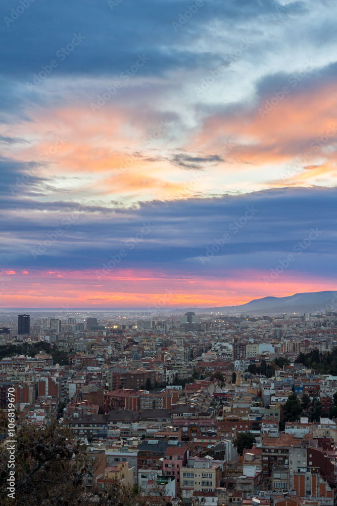 Panoramic view of Barcelona city from the mountain, Spain.