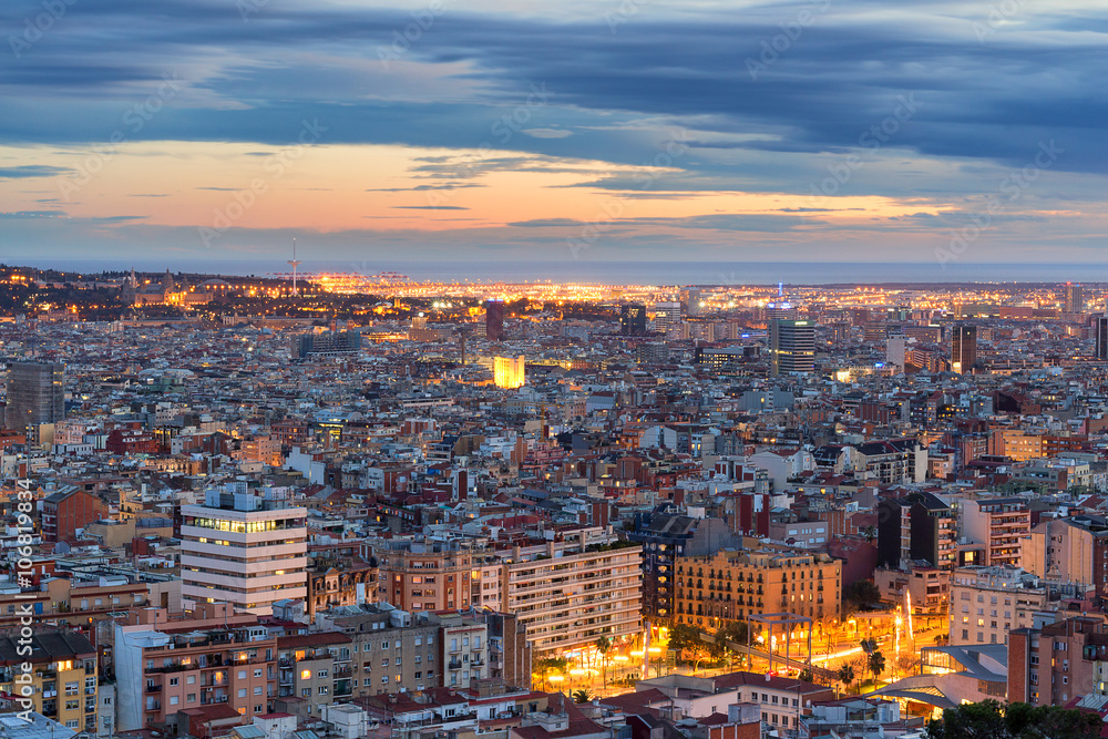 Barcelona night panoramic view, Spain