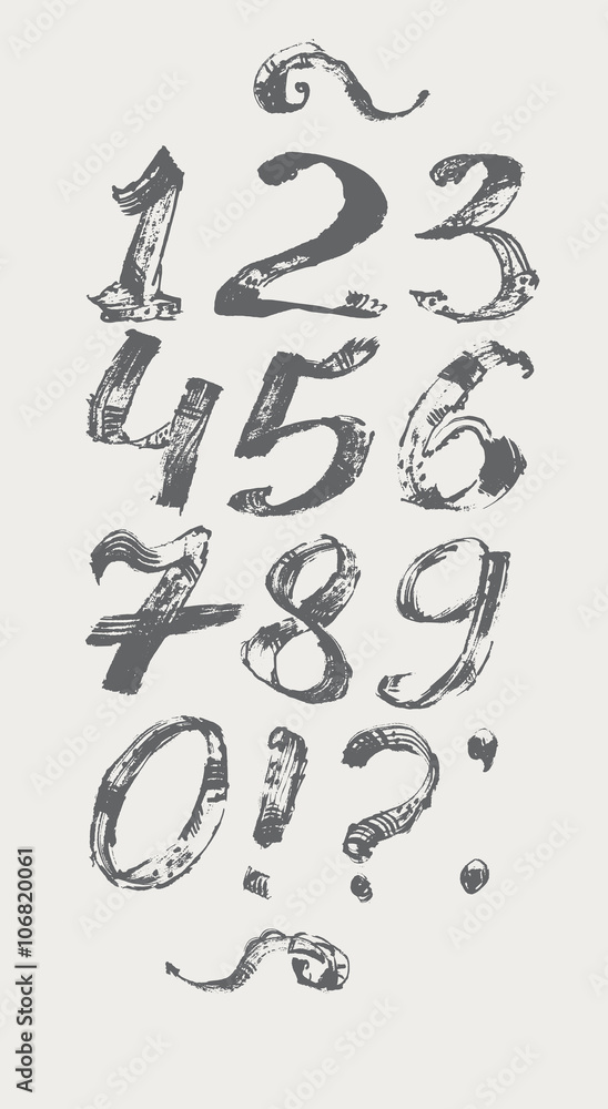 Ink digits and punctuation marks, freehand, stylish, in raster. Illustration made with dye, isolated on white, black, decorated. Vector illustration, perfect for presentations and education. Ink digits and punctuation marks, freehand, stylish, in raster. Illustration made with dye, isolated on white, black, decorated. Vector illustration, perfect for presentations and education.