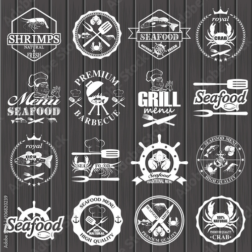 set of seafood labels and signs