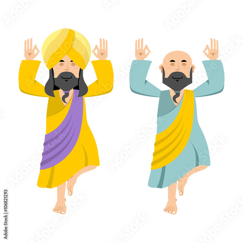 Indian yogi meditates. Two people practicing yoga. Meditation on