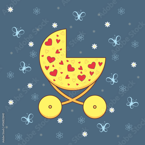 Vector illustration of  yellow pram on background with butterflies and flowers