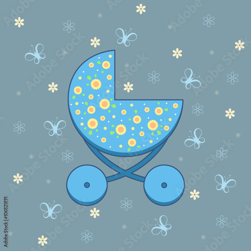 Vector illustration of blue pram on background with butterflies and flowers