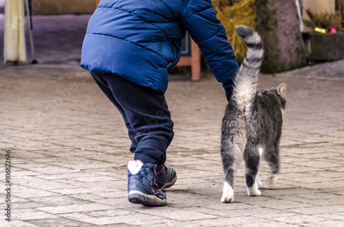 child caresses a cat on the move