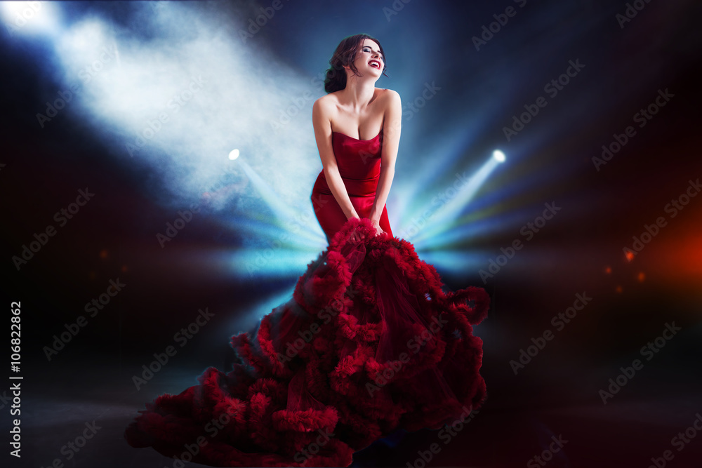 girl in long red gown with white fur cape, endless | Midjourney