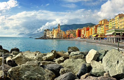 Scenic view of Camogli with fog sky