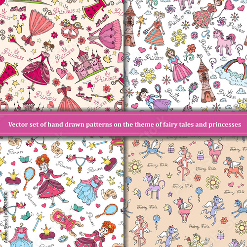 Vector set of hand drawn patterns on the theme of fairy tales and princesses