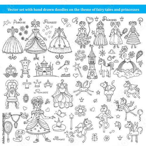 Vector set with hand drawn doodles on the theme of fairy tales