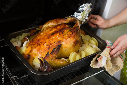 Fotografie capon with baked potato cooked in domestic oven