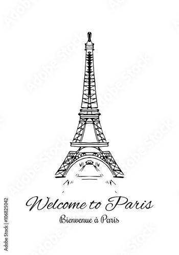 Fototapeta Naklejka Na Ścianę i Meble -  fashion cool card vector Eiffel tower drawing with signature welcome to Paris on English and french
