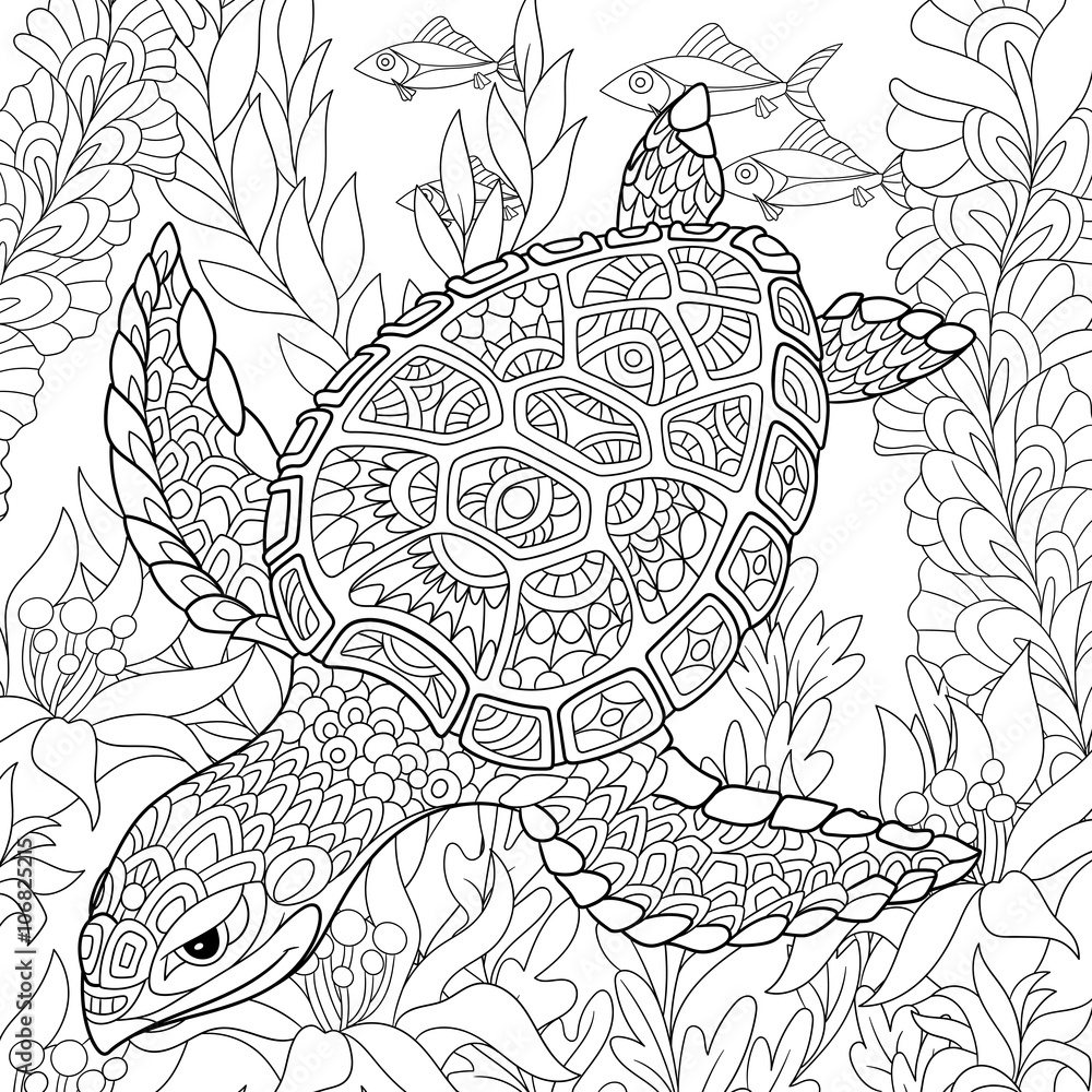 Fototapeta premium Zentangle stylizowany rysunek żółwia pływającego wśród alg morskich. Ręcznie rysowane szkic dla dorosłych kolorowanki antystresowe, godło T-shirt, logo lub tatuaż z doodle, zentangle, kwiatowy wzór elementów.
