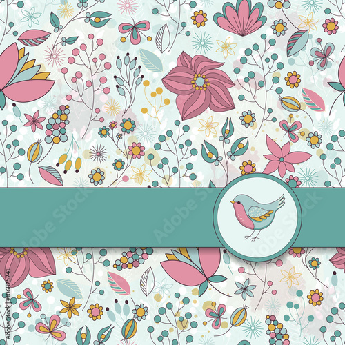 Vector card with floral pattern, ribbon and bird