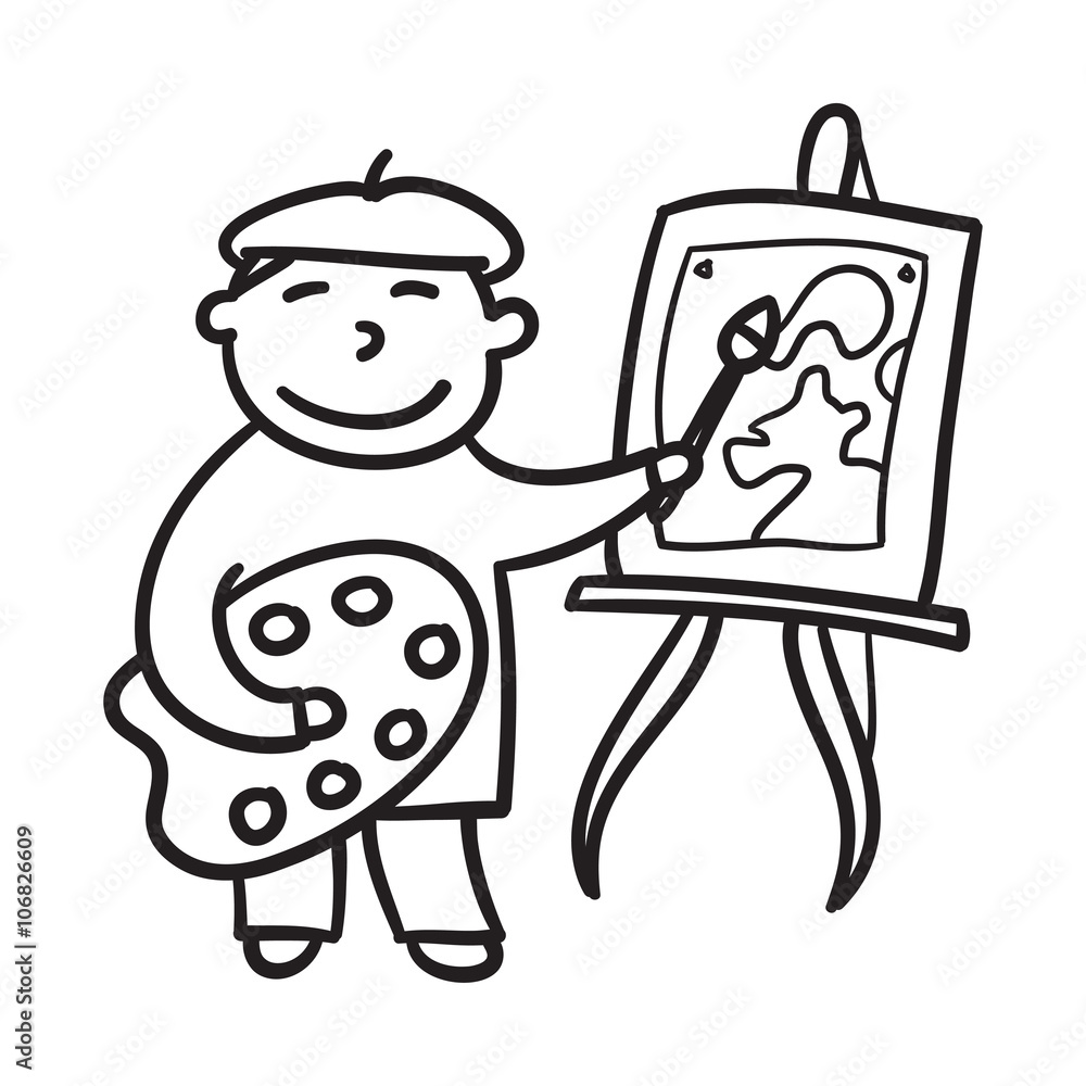 Boy drawing hand drawn vector illustration. Child painting. Litt