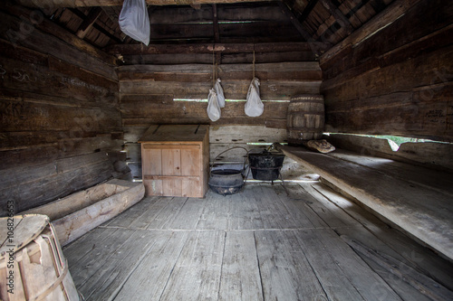 One Room Shack. Interior of a one room pioneer cabin located in the Great Smoky Mountains National Park. Gatlinburg, Tennessee.