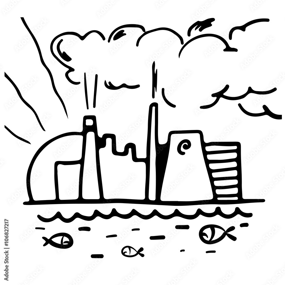 Fototapeta premium Factory pollution and fish in water vector illustration black on