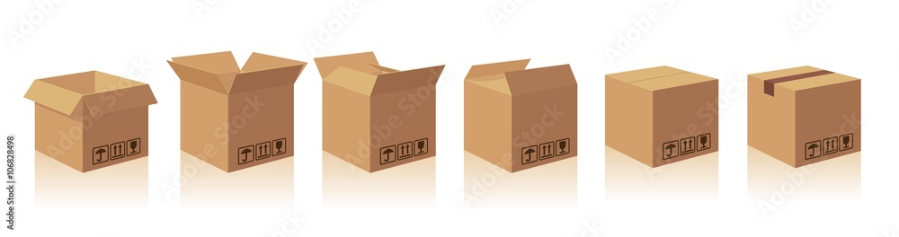 Open and closed recycle brown carton delivery packaging box with fragile signs. Collection vector illustration isolated box with shadow on white background for web, icon, banner, infographic - obrazy, fototapety, plakaty 