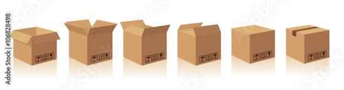 Fotografiet Open and closed recycle brown carton delivery packaging box with fragile signs