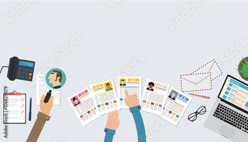 Banner in flat style with set of icons. Top view on desktop