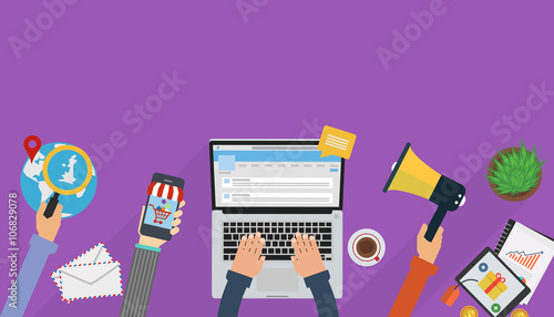 Banner in flat style with set of icons. Top view on desktop