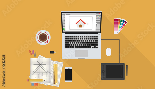 Banner in flat style with set of icons. Top view on desktop