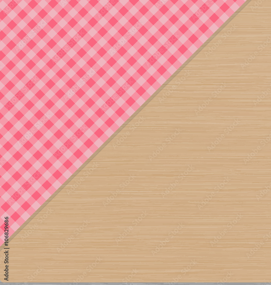Pink Checkered Tablecloth on Light Brown Wooden Table