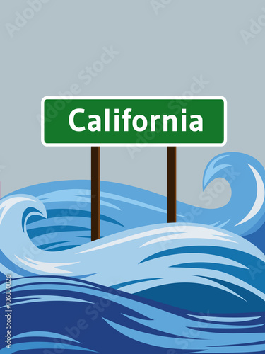 California road sign sinking in water flood