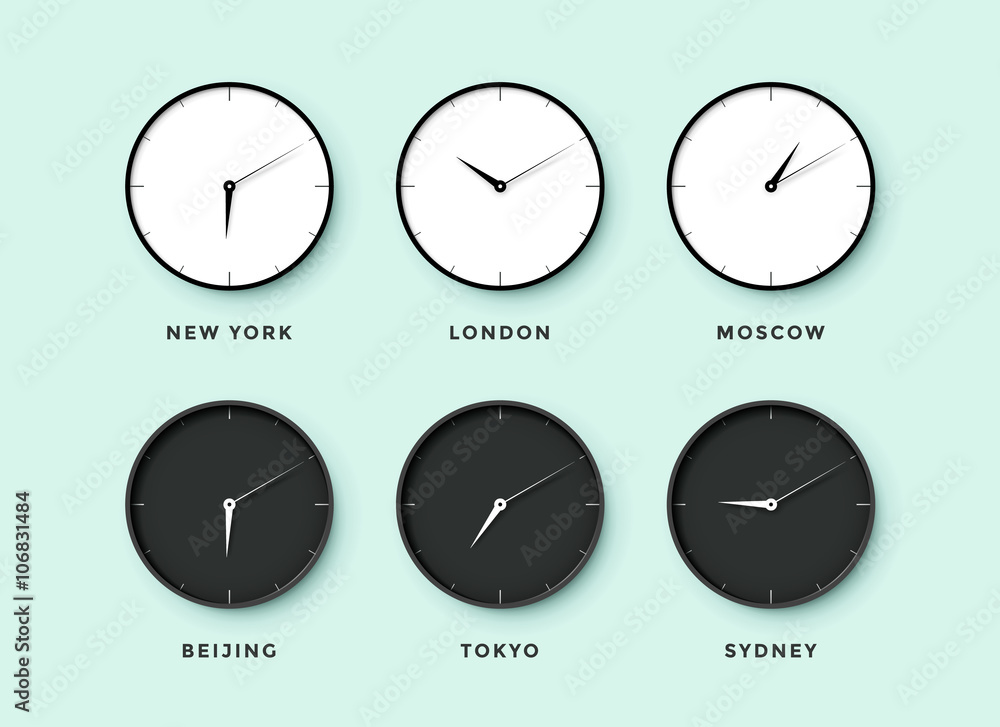 Set of day and night clock for time zones different cities. Black and white watch on a mentol