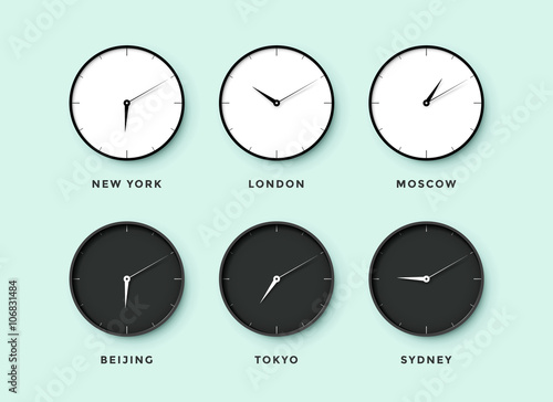 Set of day and night clock for time zones different cities. Black and white watch on a mentol background. Vector Illustration