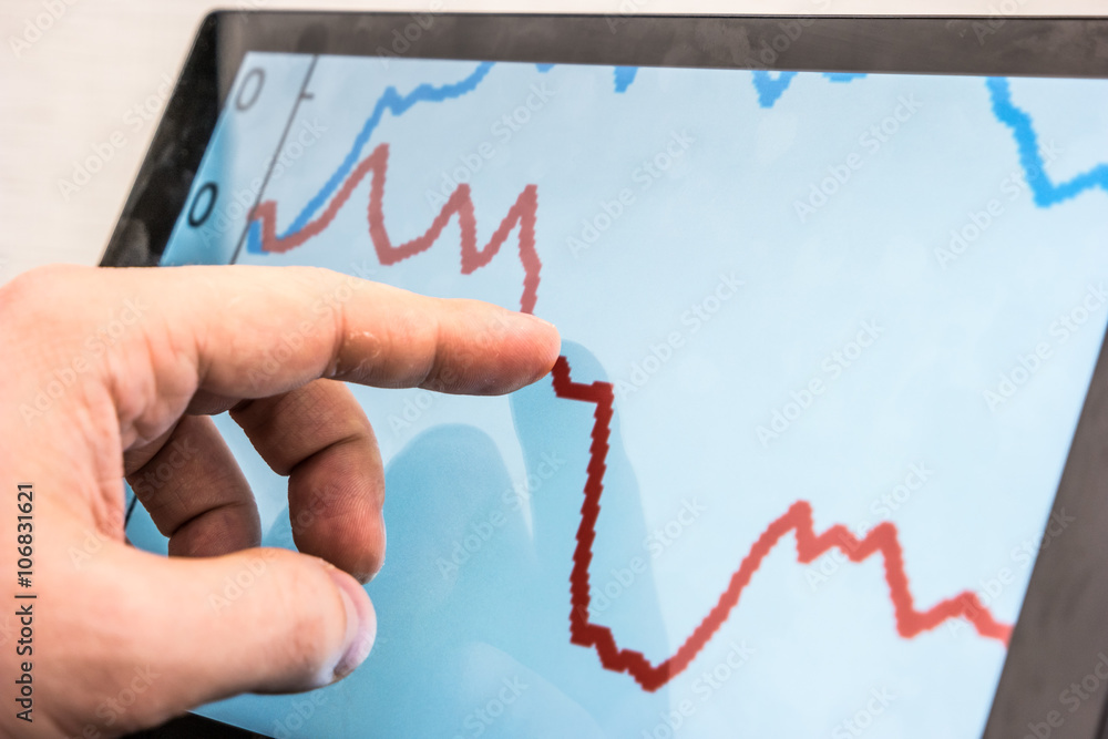 Black laptop with business charts on screen, on white table in office. Hand using the touchscreen. Black laptop with business charts on screen, on white table in office. Hand using the touchscreen.