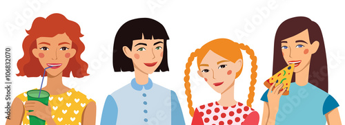 Four Vector Cute Girls Friends Illustration. Ginger, Brunette, Blond and Brown Haired Girlfriends With Different Hairstyles Chatting, Snacking During Lunch.