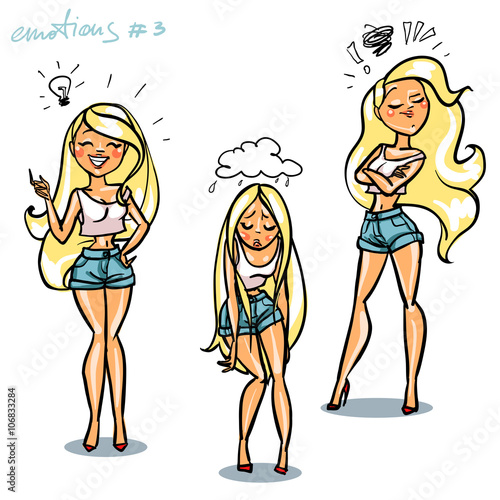 Set of emotions with cute female character