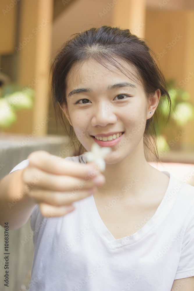asia thai teenager Women White T-Shirt Writing relax and smile asia thai teenager Women White T-Shirt Writing relax and smile