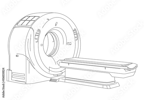 CT scanner (computerized tomography scanner), MRI (magnetic resonance imaging) machine, medical equipment, line drawing illustration