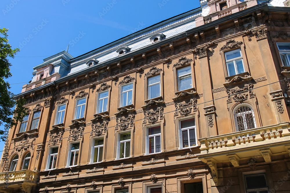 Facade of old building in the historical city centre. Lviv, Ukra