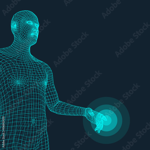 Man Pointing his Finger. 3D Model of Man. Geometric Design. Vector Illustration. 3d Polygonal Covering Skin. Human Polygon Body. Human Body Wire Model.  
