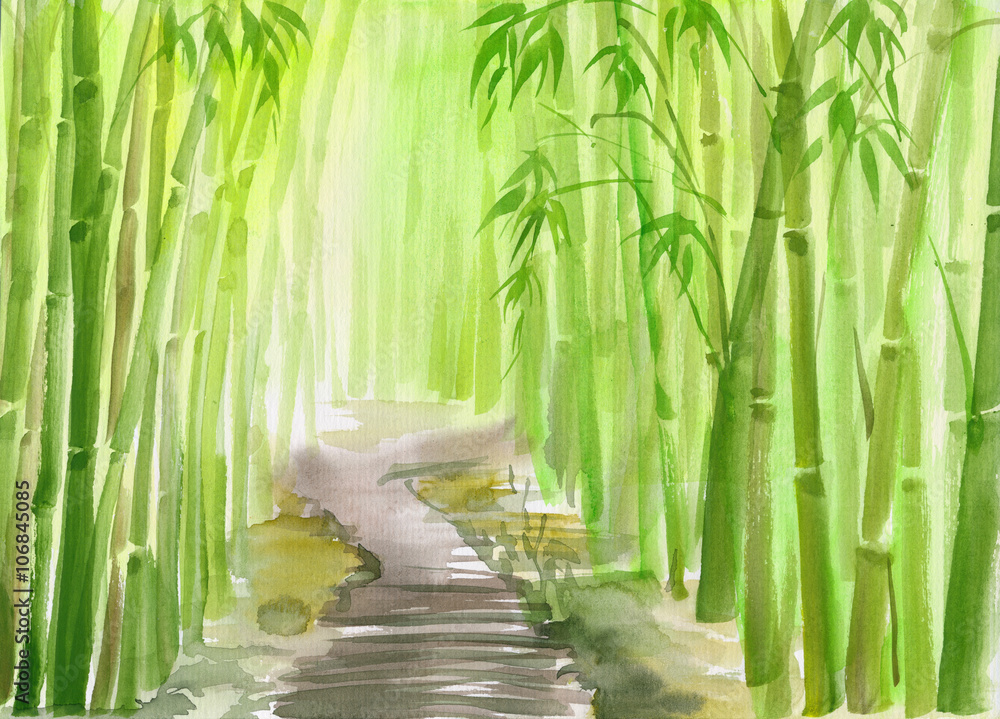 Obraz premium Single path alley through green bamboo forest original watercolor painting.