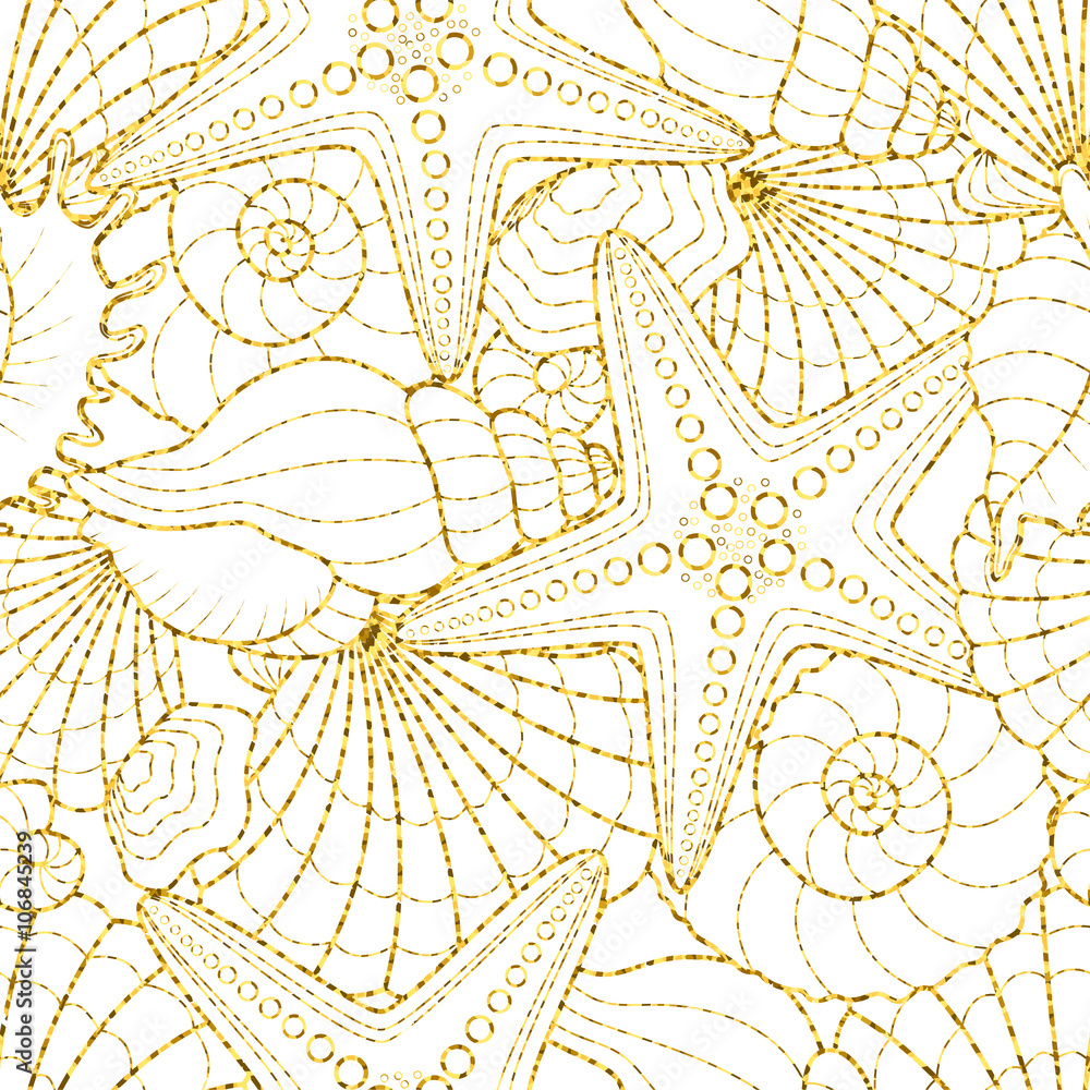 Seamless glitter background with starfish and seashells. Vector ...