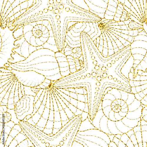 Seamless glitter background with starfish and seashells. Vector illustration with gold pattern.