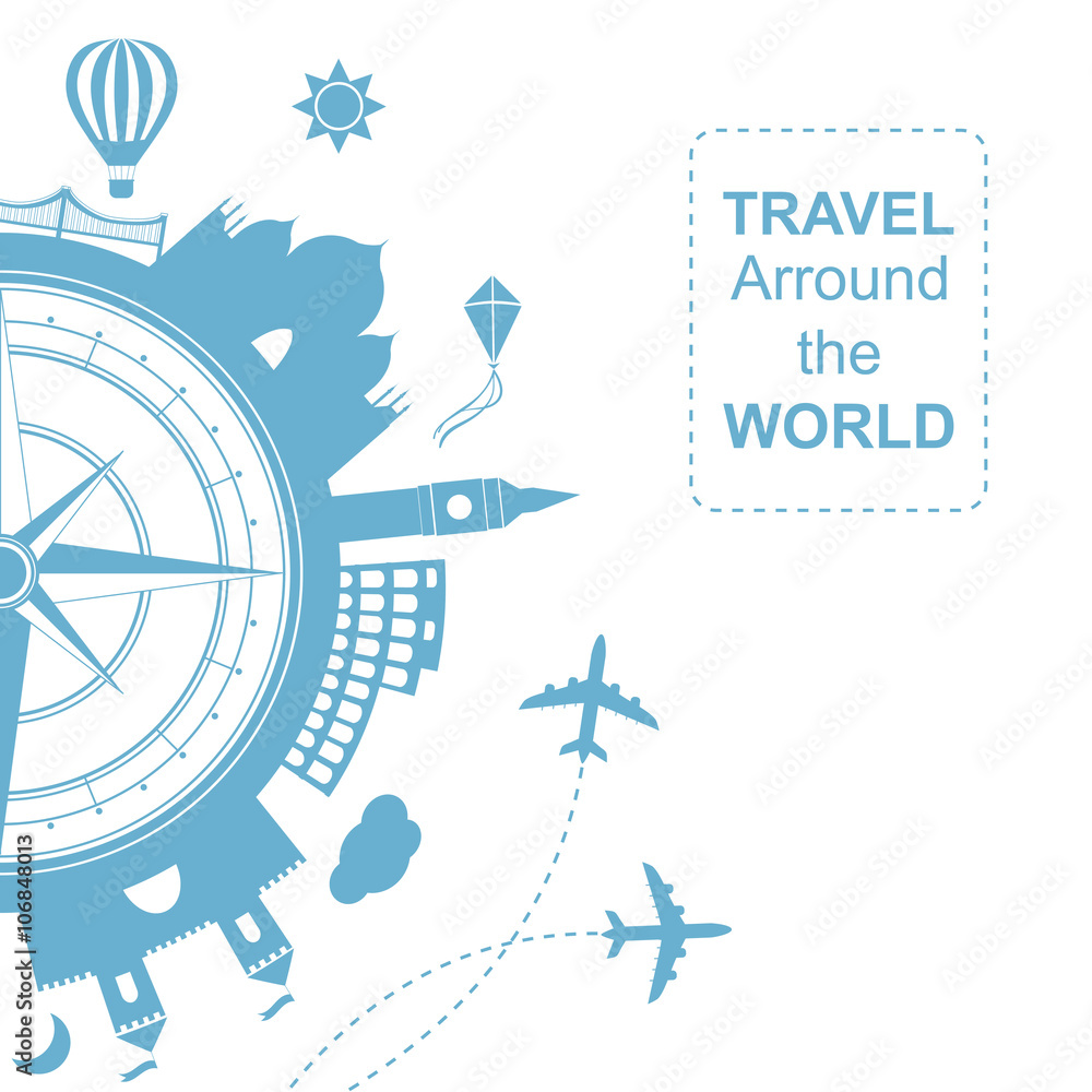 Fototapeta premium Famouse places. Travel arround the world vector illustration. Travelling by plane, airplane trip in various country. Flat icon modern design style poster. Travel banner. Wind rose Travel agency round