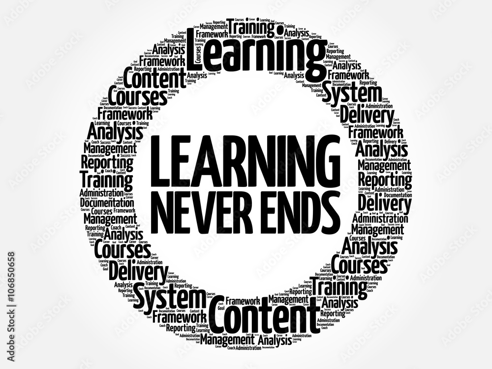 Learning Never Ends circle word cloud, business concept