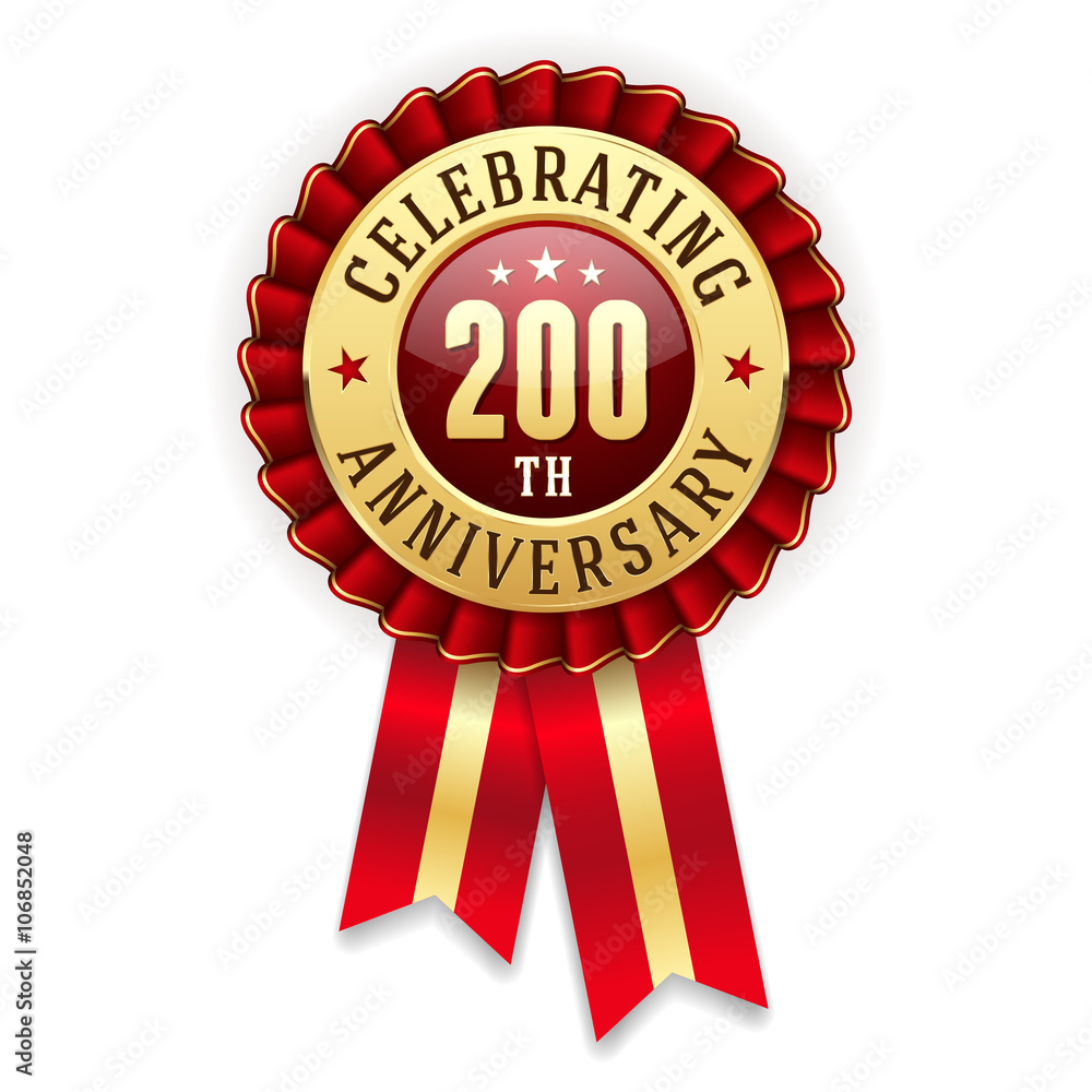 Gold 1200th anniversary badge, rosette with red ribbon on white background Gold 1200th anniversary badge, rosette with red ribbon on white background