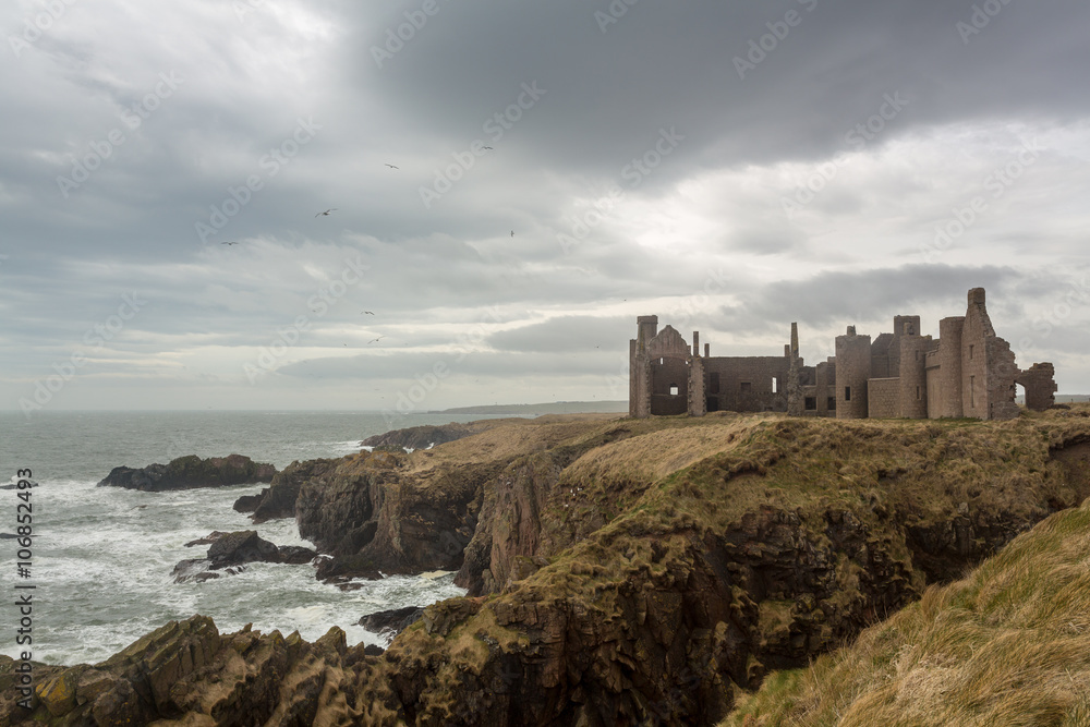 Scenery of ruin castle on coastline, Scotland, United Kingdom