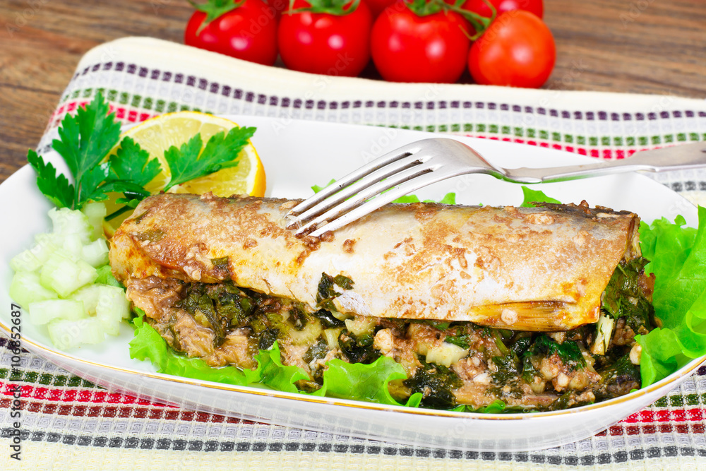 Mackerel Stuffed with Celery and Parsley in a Sauce of Coconut M