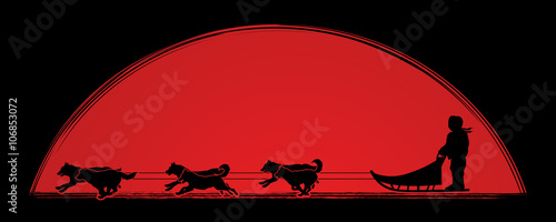 Sled Dogs designed on sunset background graphic vector.