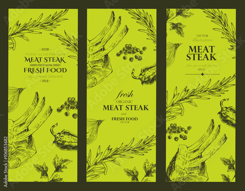 vector meat steak sketch drawing menu designer template. banner food hand-drawn backdrop for corporate identity
