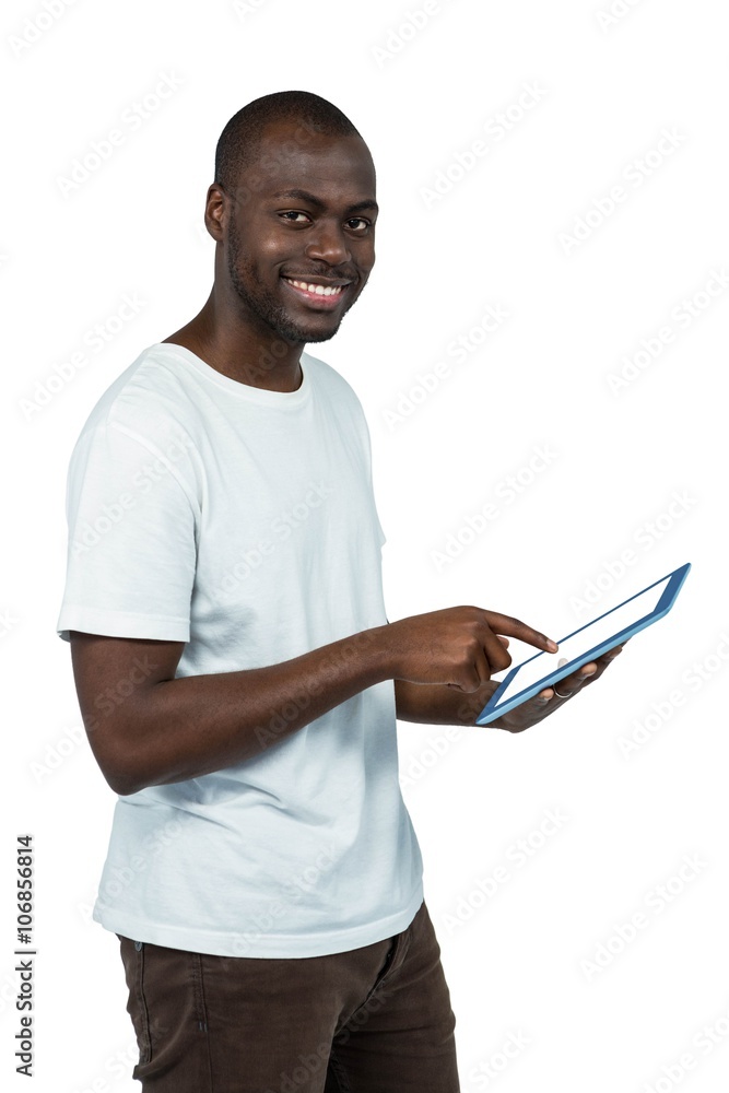 Man using digital tablet on white background