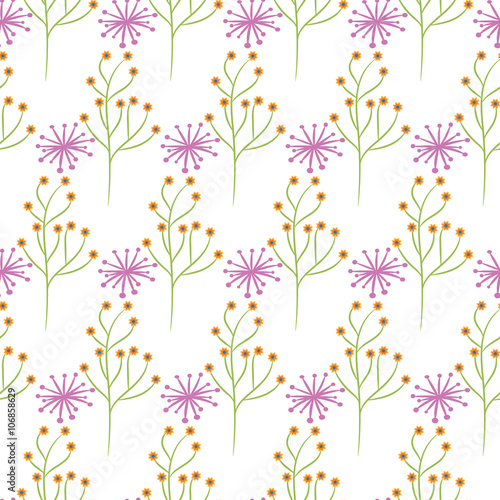 Wild flower spring pink and green field seamless pattern. Floral tender fine summer vector pattern on white background. For fabric textile prints and apparel.