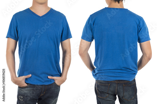 Close up of man in front and back blue shirt on white background