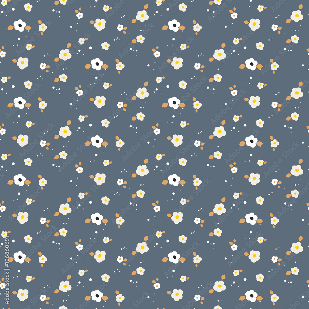 Spring small wild flower field seamless pattern. Floral blue and mustard fine summer vector pattern on dark blue background. For fabric textile prints and apparel. Spring small wild flower field seamless pattern. Floral blue and mustard fine summer vector pattern on dark blue background. For fabric textile prints and apparel.